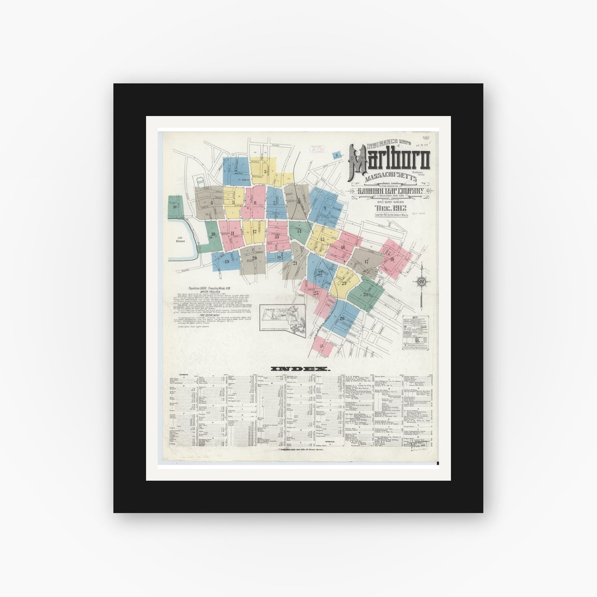 Old map wall art mockup — black gallery frame with white mat — Sanborn Fire Insurance Map from Marlborough, Middlesex County, Massachusetts (1912) - Complete Map Set