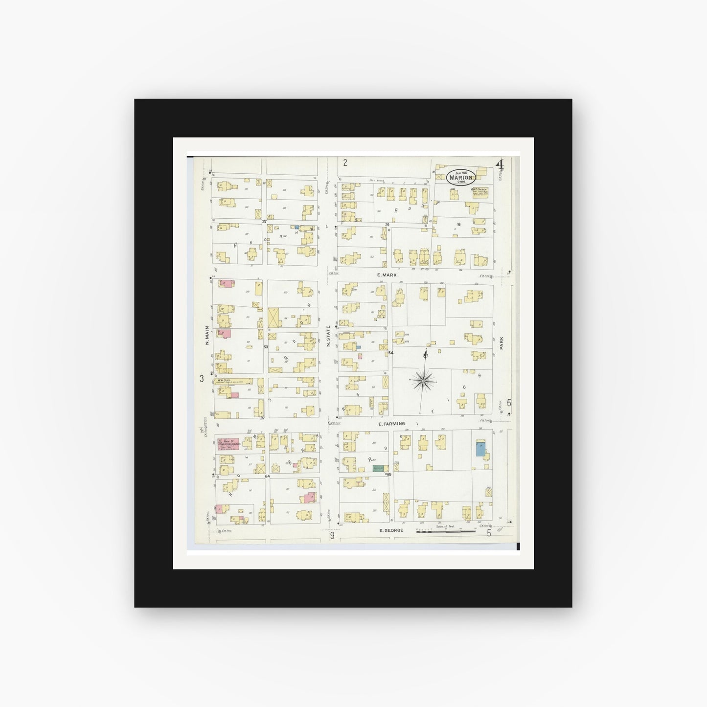 Old map wall art mockup — black gallery frame with white mat — Sanborn Fire Insurance Map from Marion, Marion County, Ohio (1908), Sheet #0004