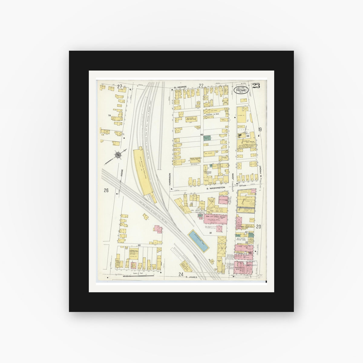 Old map wall art mockup — black gallery frame with white mat — Sanborn Fire Insurance Map from Rome, Oneida County, New York (1909), Sheet #0023