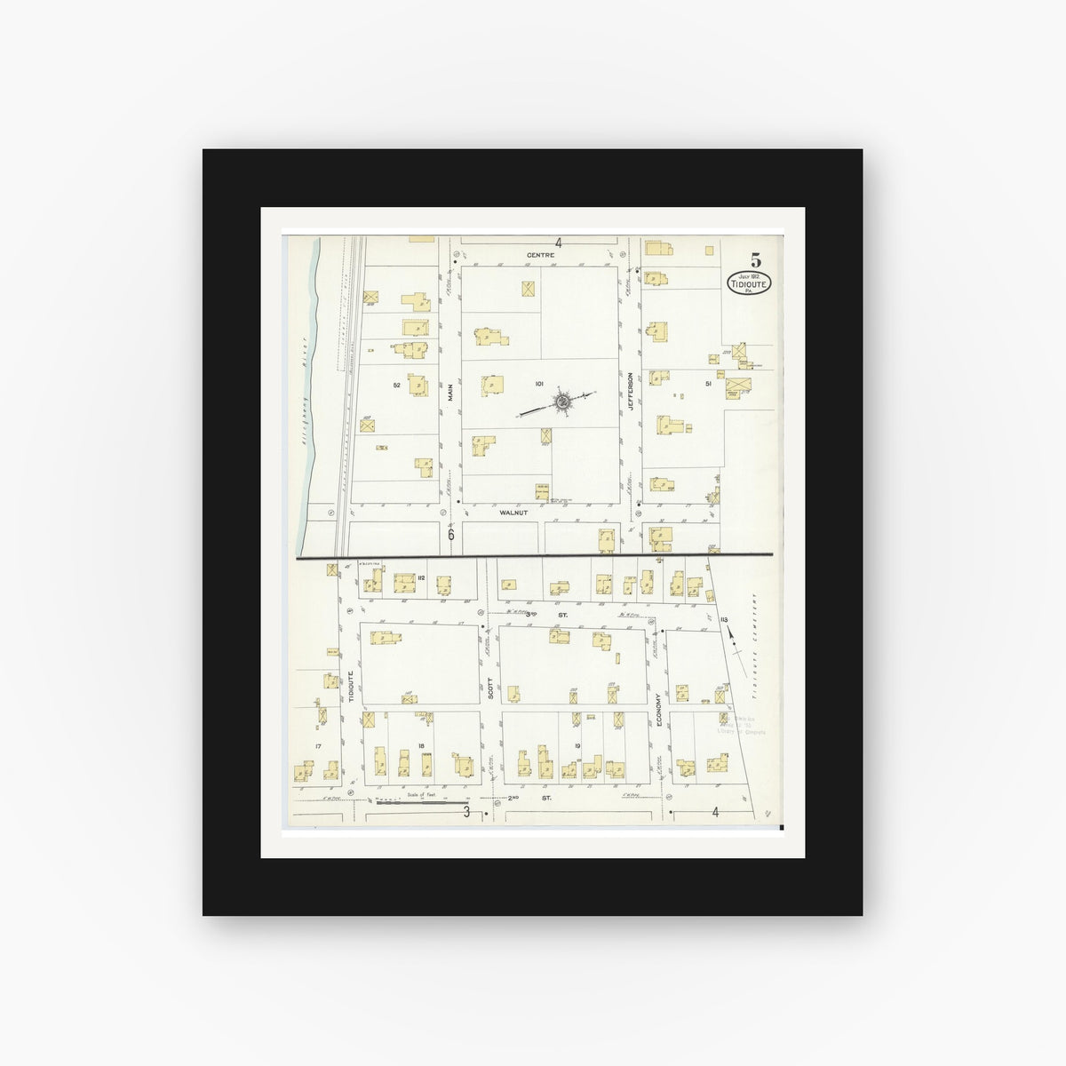 Old map wall art mockup — black gallery frame with white mat — Sanborn Fire Insurance Map from Tidioute, Warren County, Pennsylvania (1912), Sheet #0005