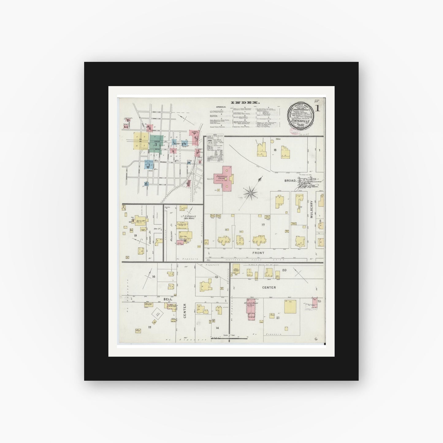 Old map wall art mockup — black gallery frame with white mat — Sanborn Fire Insurance Map from Statesville, Iredell County, North Carolina (1895), Sheet #0001