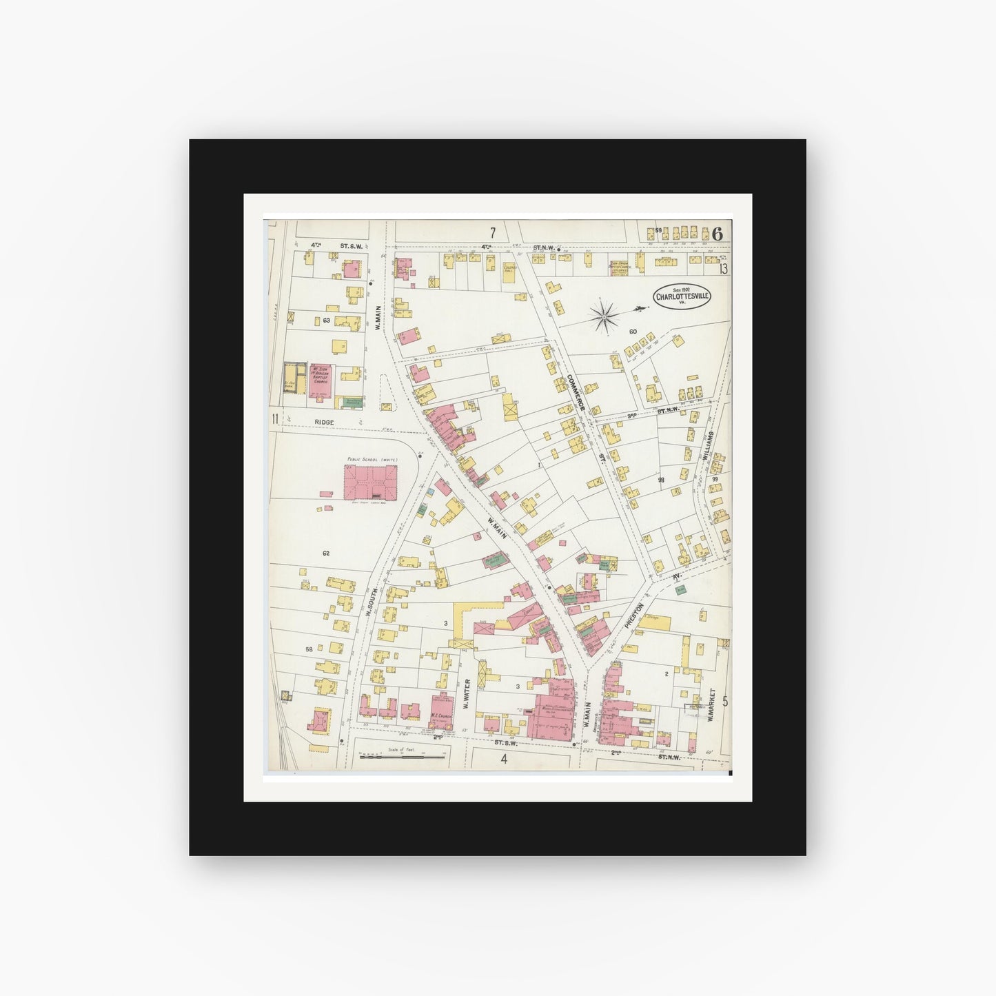 Old map wall art mockup — black gallery frame with white mat — Sanborn Fire Insurance Map from Charlottesville, Independent Cities, Virginia (1902), Sheet #0006