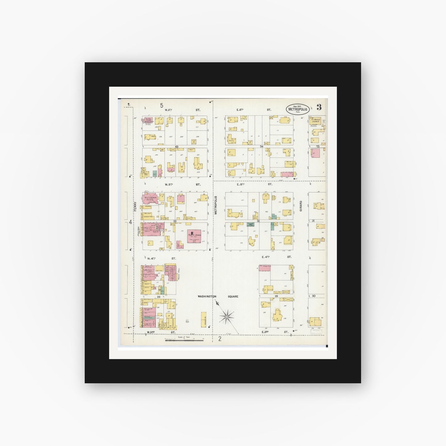 Old map wall art mockup — black gallery frame with white mat — Sanborn Fire Insurance Map from Metropolis, Massac County, Illinois (1902), Sheet #0003