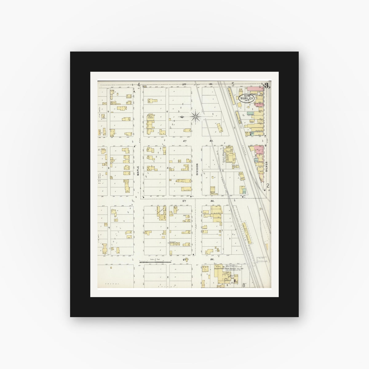 Old map wall art mockup — black gallery frame with white mat — Sanborn Fire Insurance Map from Hurley, Iron County, Wisconsin (1898), Sheet #0003