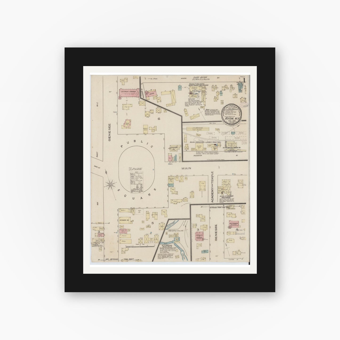 Old map wall art mockup — black gallery frame with white mat — Sanborn Fire Insurance Map from Avon, Livingston County, New York (1885), Sheet #0001