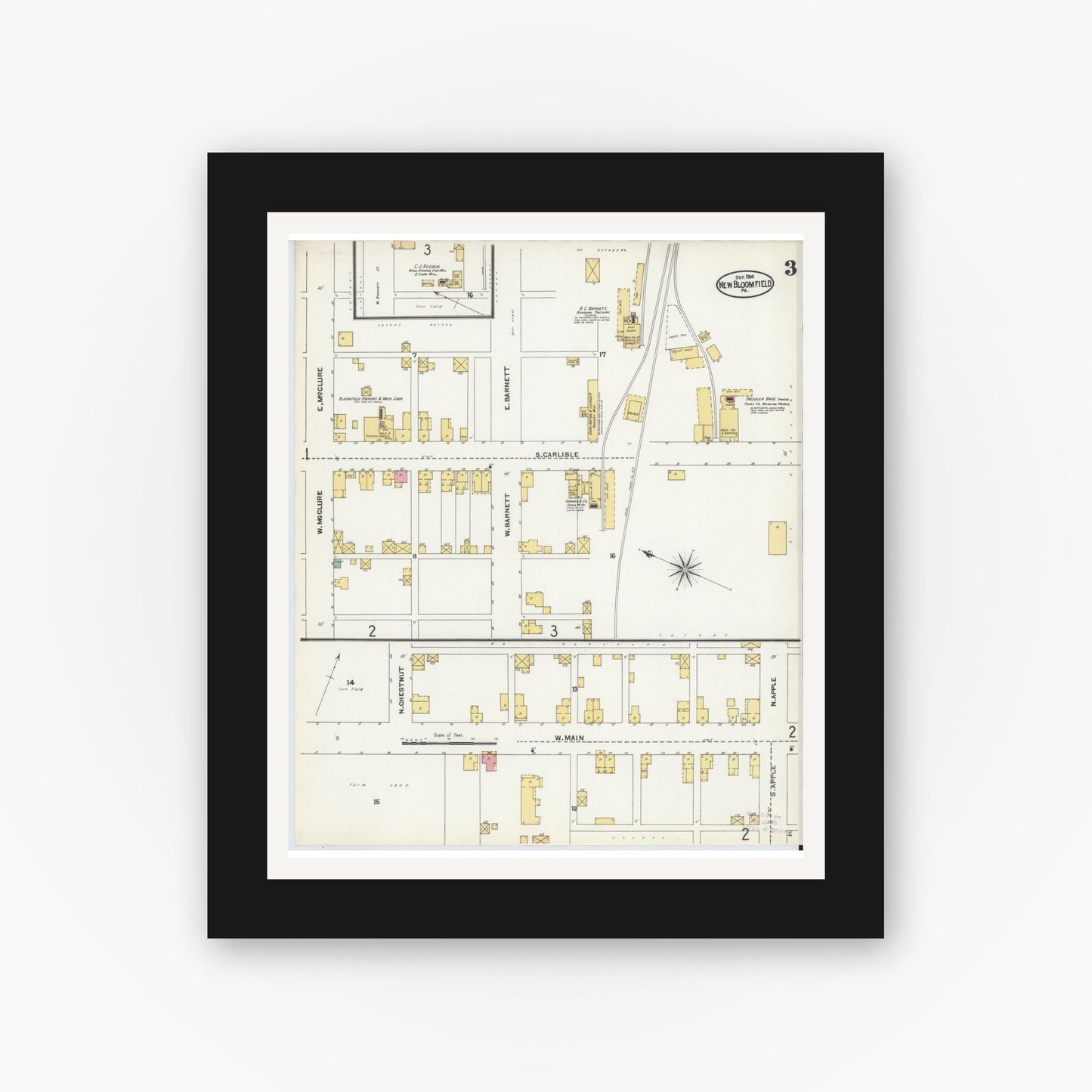 Old map wall art mockup — black gallery frame with white mat — Sanborn Fire Insurance Map from New Bloomfield, Perry County, Pennsylvania (1904), Sheet #0003