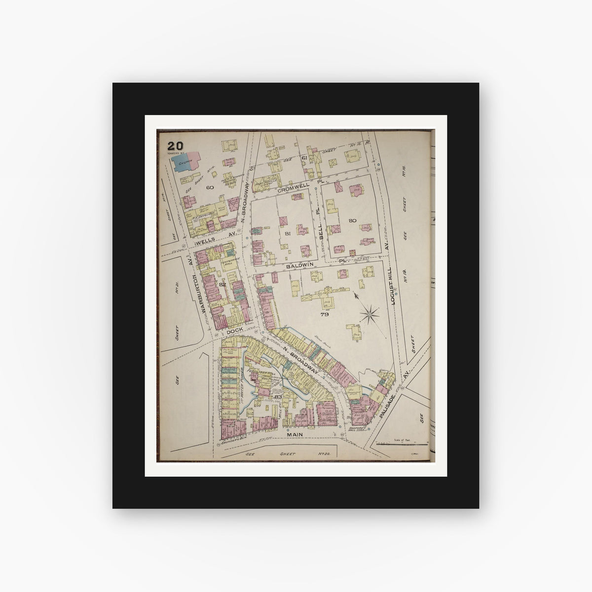 Old map wall art mockup — black gallery frame with white mat — Sanborn Fire Insurance Map from Yonkers, Westchester County, New York (1886), Sheet #0020