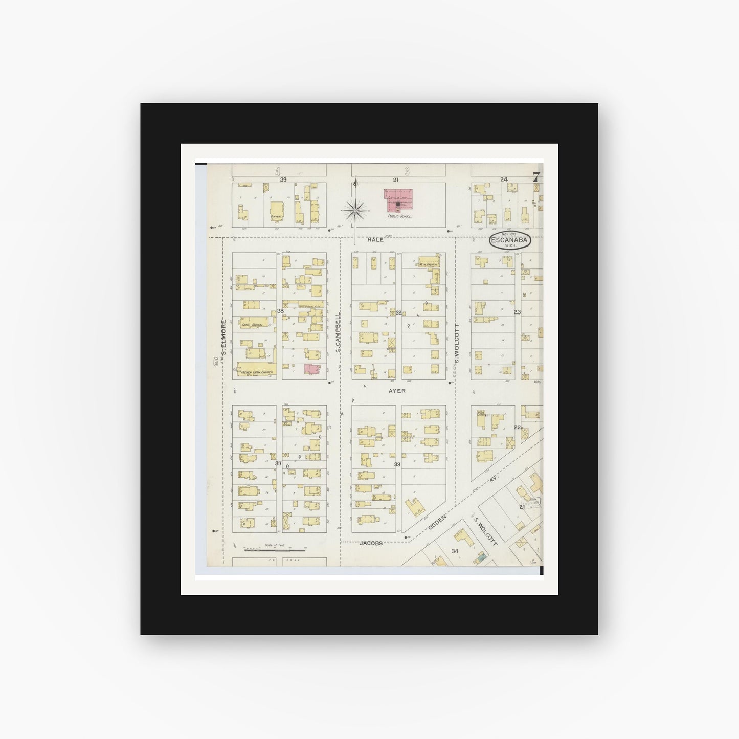 Old map wall art mockup — black gallery frame with white mat — Sanborn Fire Insurance Map from Escanaba, Delta County, Michigan (1893), Sheet #0007
