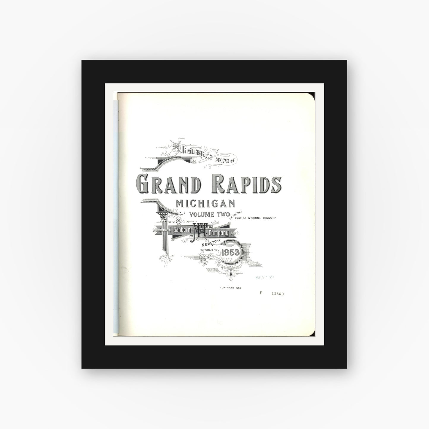 Old map wall art mockup — black gallery frame with white mat — Sanborn Fire Insurance Map from Grand Rapids, Kent County, Michigan (1953), Sheet #0001