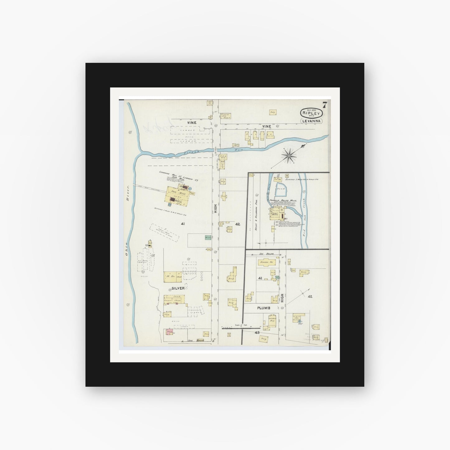 Old map wall art mockup — black gallery frame with white mat — Sanborn Fire Insurance Map from Ripley, Brown County, Ohio (1890), Sheet #0007