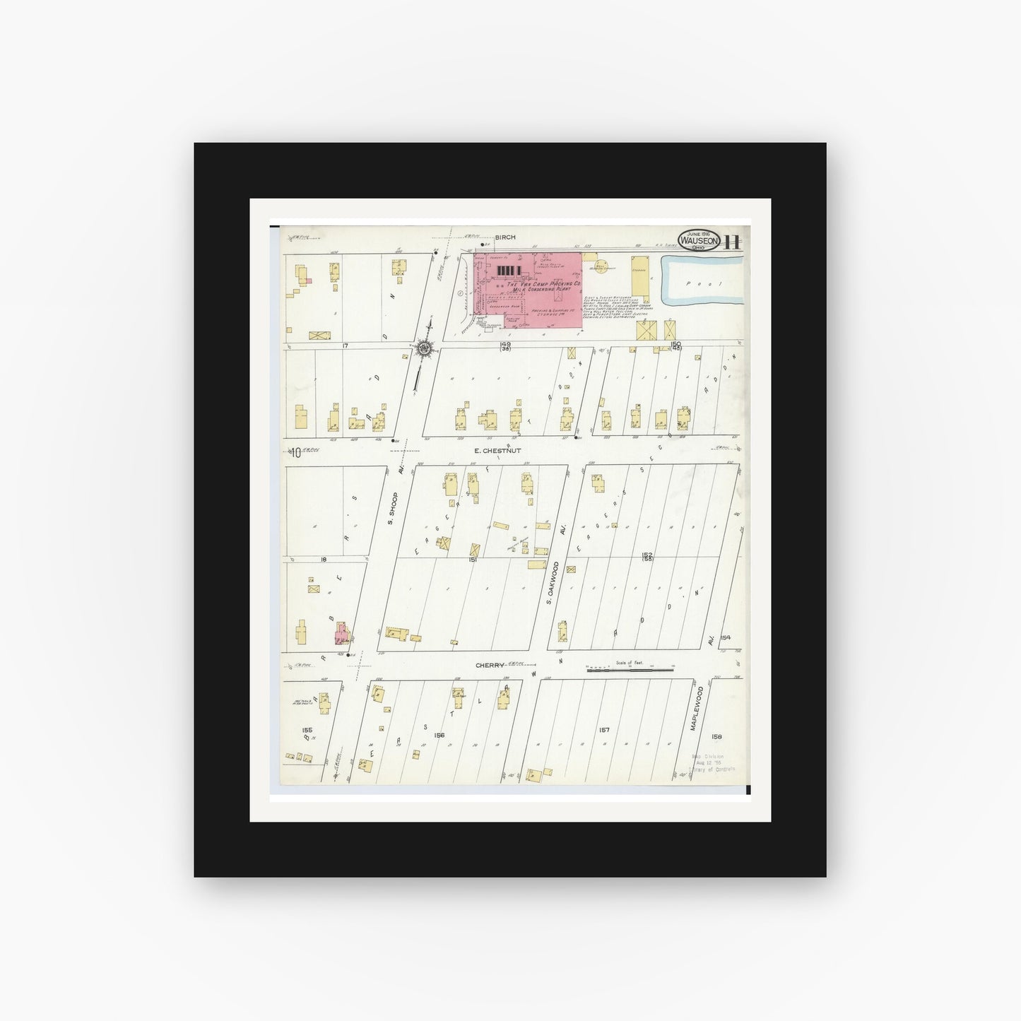 Old map wall art mockup — black gallery frame with white mat — Sanborn Fire Insurance Map from Wauseon, Fulton County, Ohio (1916), Sheet #0011
