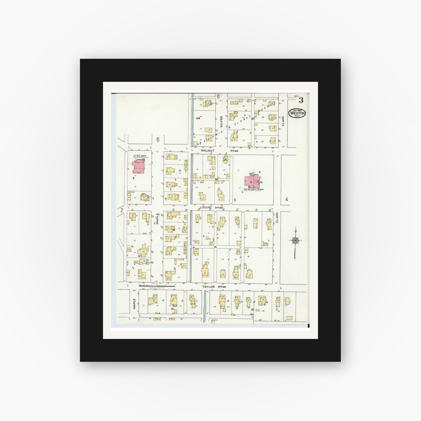 Old map wall art mockup — black gallery frame with white mat — Sanborn Fire Insurance Map from Weston, Wood County, Ohio (1920), Sheet #0003