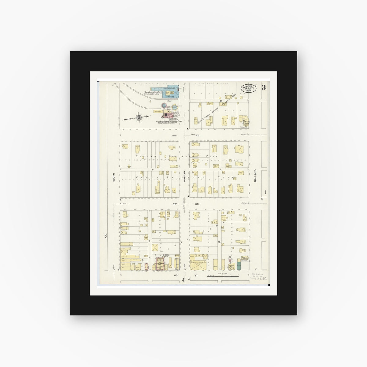 Old map wall art mockup — black gallery frame with white mat — Sanborn Fire Insurance Map from Tracy, Lyon County, Minnesota (1909), Sheet #0003