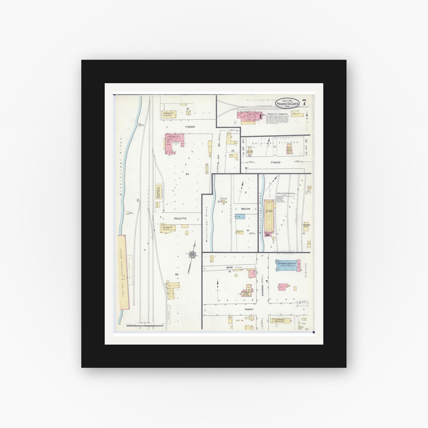 Old map wall art mockup — black gallery frame with white mat — Sanborn Fire Insurance Map from Prairie du Chien, Crawford County, Wisconsin (1912), Sheet #0007