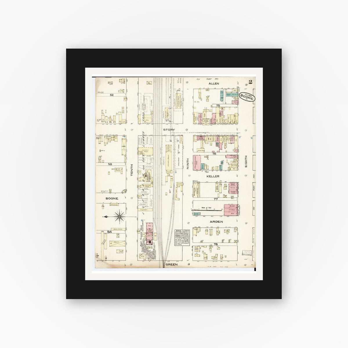 Old map wall art mockup — black gallery frame with white mat — Sanborn Fire Insurance Map from Boone, Boone County, Iowa (1883), Sheet #0002
