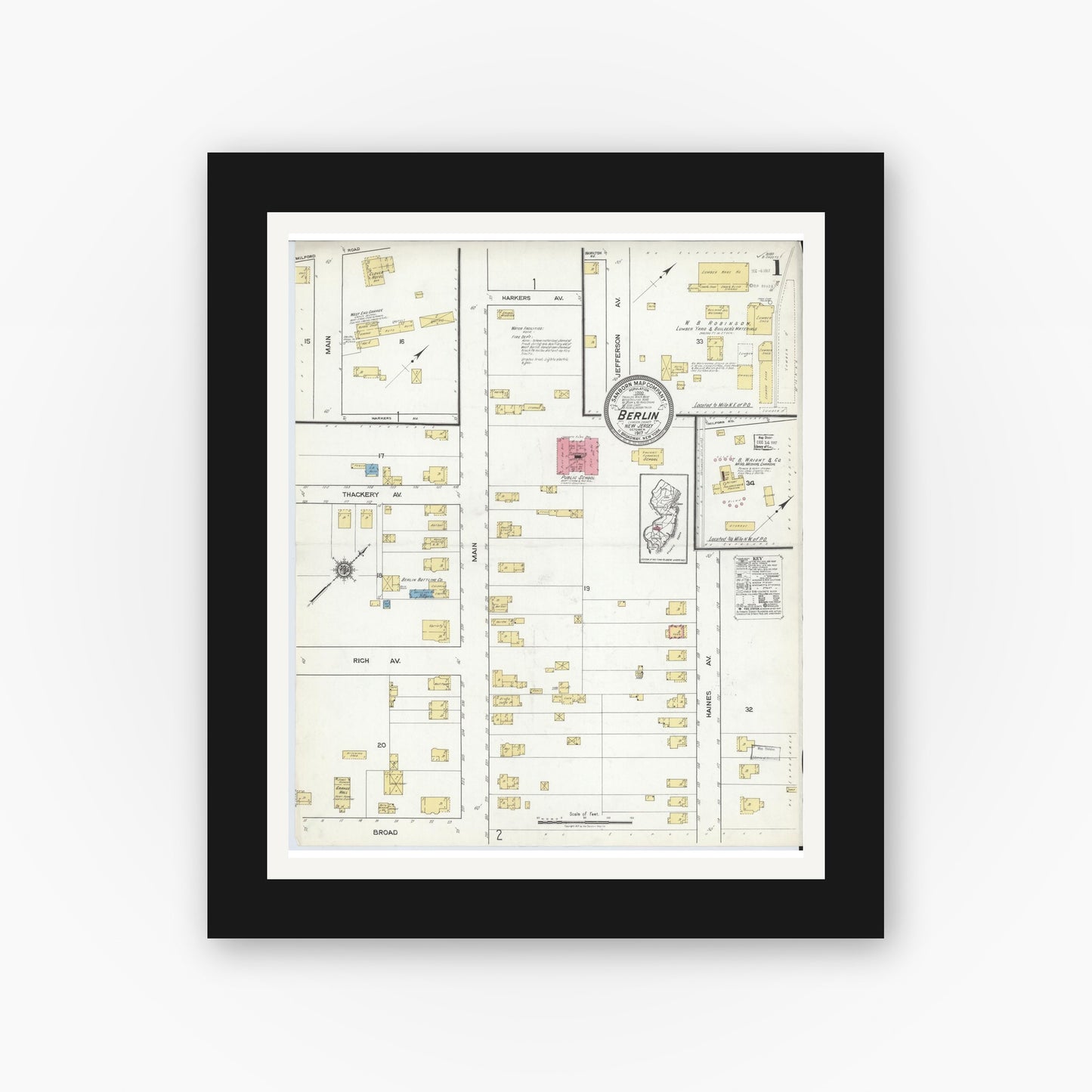 Old map wall art mockup — black gallery frame with white mat — Sanborn Fire Insurance Map from Berlin, Camden County, New Jersey (1917) - Complete Map Set