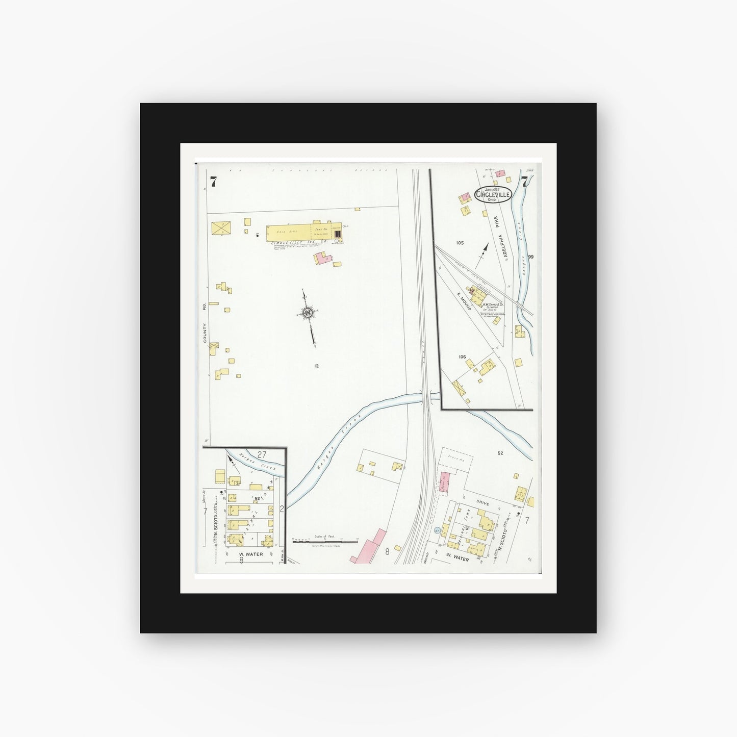 Old map wall art mockup — black gallery frame with white mat — Sanborn Fire Insurance Map from Circleville, Pickaway County, Ohio (1927), Sheet #0007