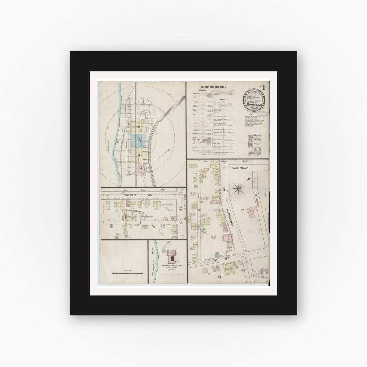 Old map wall art mockup — black gallery frame with white mat — Sanborn Fire Insurance Map from Braddock, Allegheny County, Pennsylvania (1886), Sheet #0001