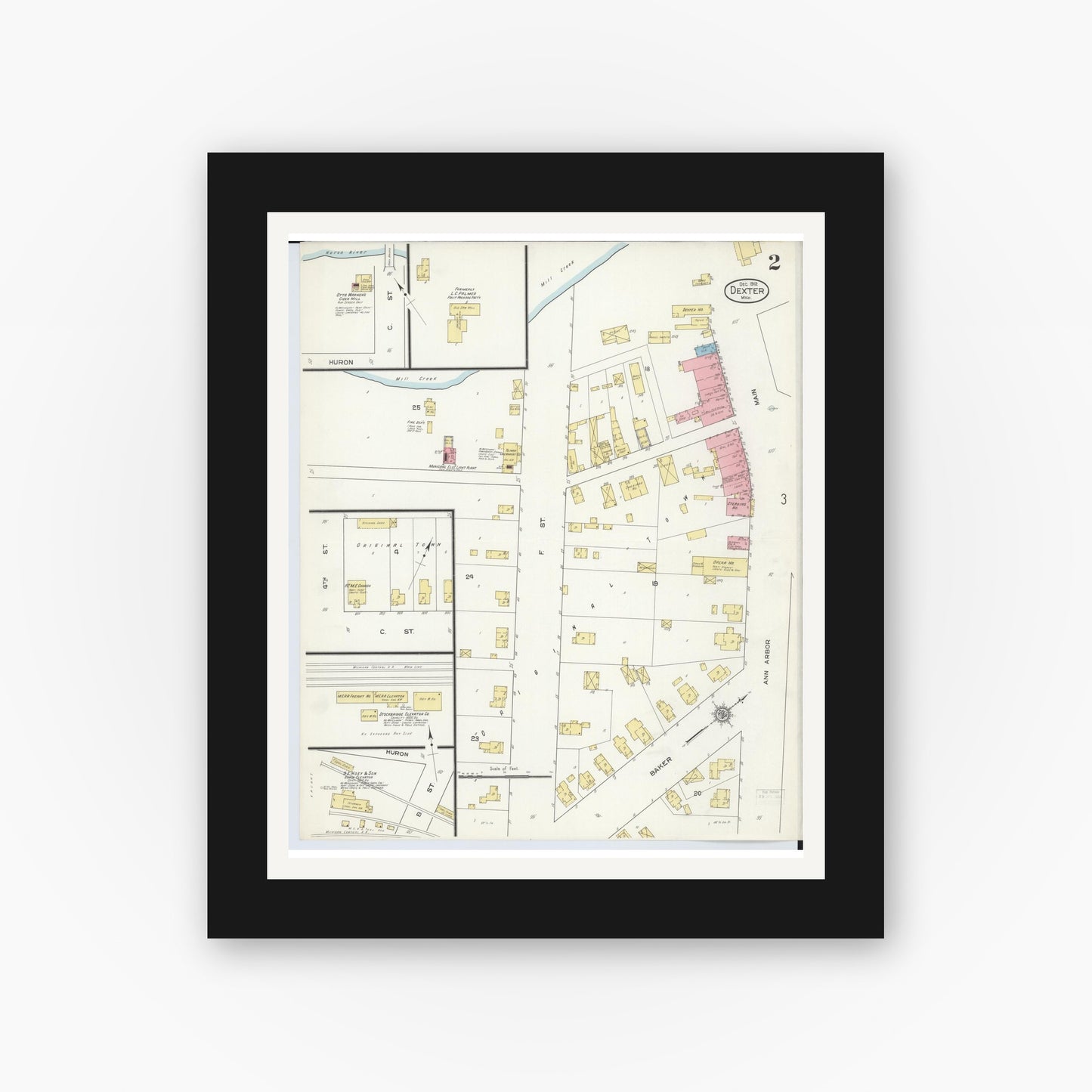 Old map wall art mockup — black gallery frame with white mat — Sanborn Fire Insurance Map from Dexter, Washtenaw County, Michigan (1912), Sheet #0002