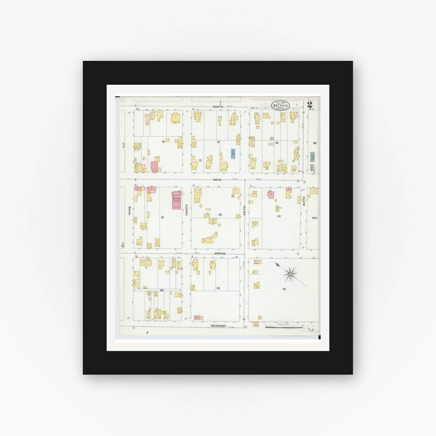 Old map wall art mockup — black gallery frame with white mat — Sanborn Fire Insurance Map from Batavia, Clermont County, Ohio (1904), Sheet #0002