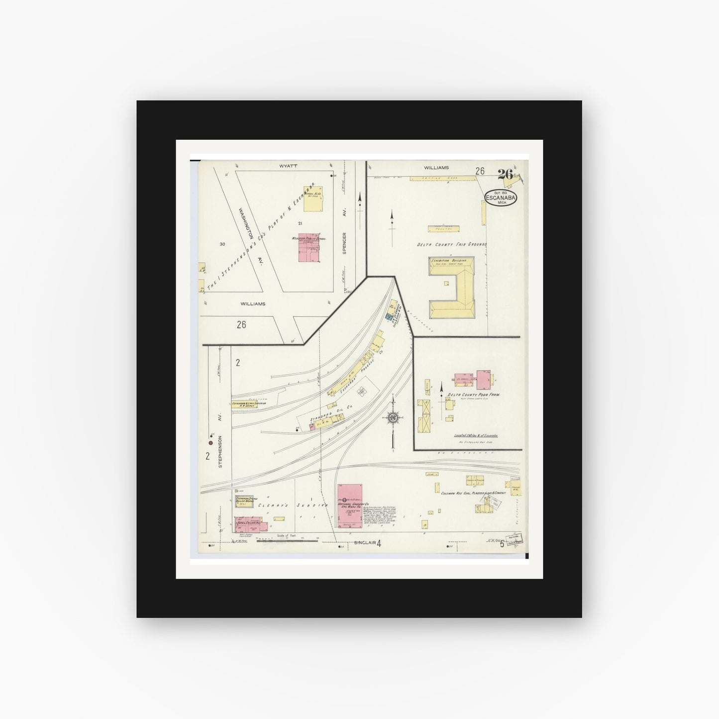 Old map wall art mockup — black gallery frame with white mat — Sanborn Fire Insurance Map from Escanaba, Delta County, Michigan (1913), Sheet #0026