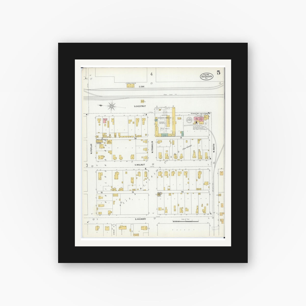 Old map wall art mockup — black gallery frame with white mat — Sanborn Fire Insurance Map from Du Quoin, Perry County, Illinois (1900), Sheet #0005