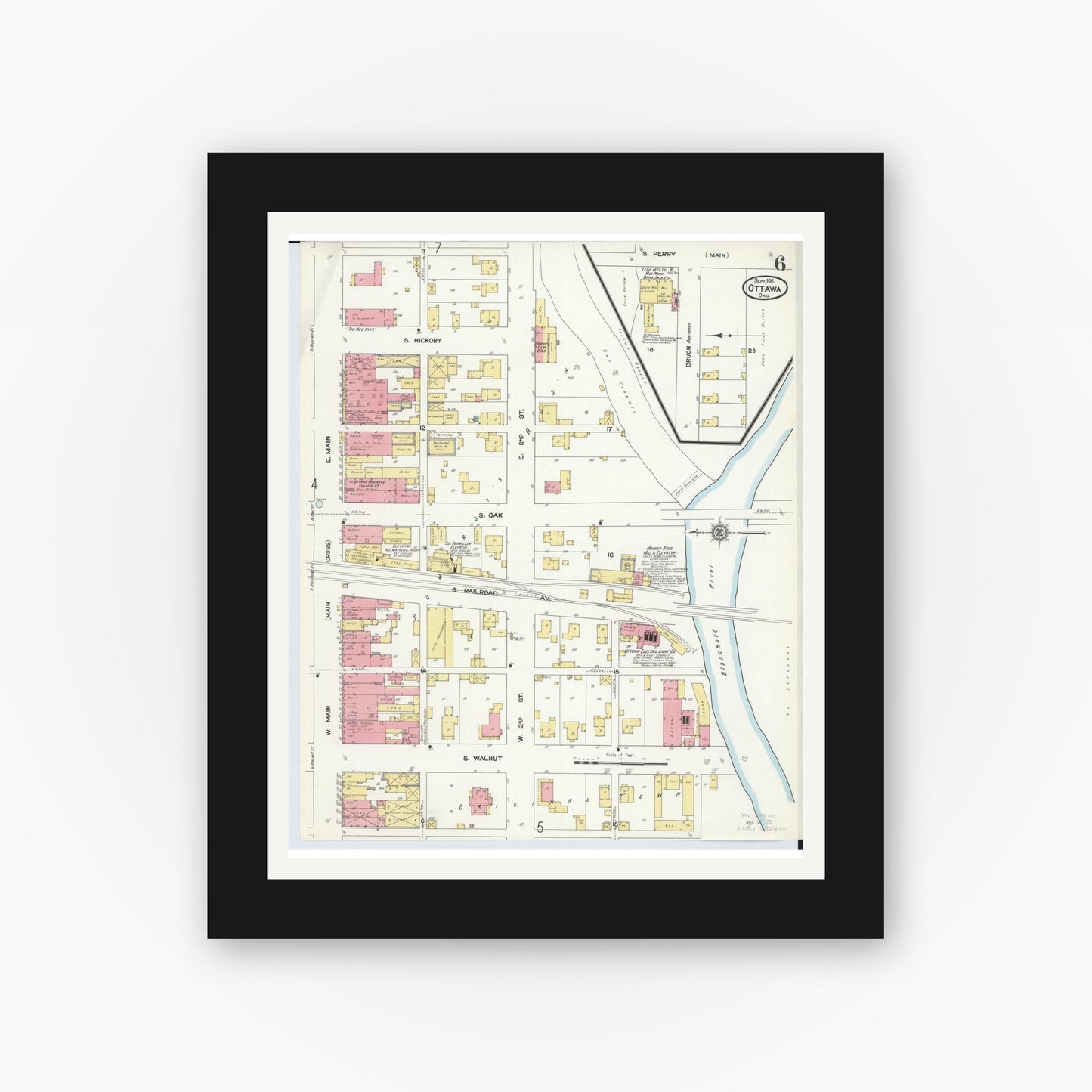 Old map wall art mockup — black gallery frame with white mat — Sanborn Fire Insurance Map from Ottawa, Putnam County, Ohio (1911), Sheet #0006