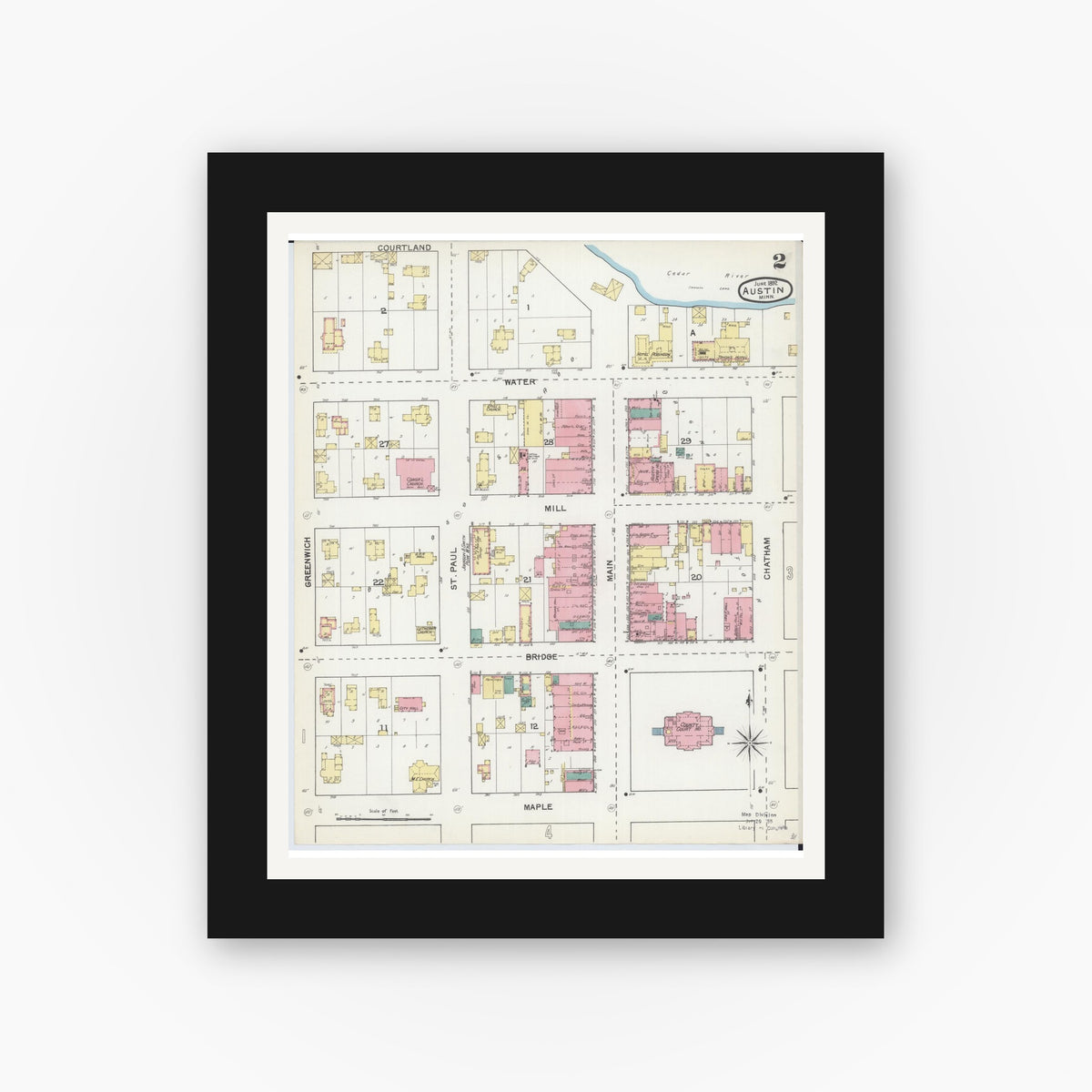 Old map wall art mockup — black gallery frame with white mat — Sanborn Fire Insurance Map from Austin, Mower County, Minnesota (1892), Sheet #0002