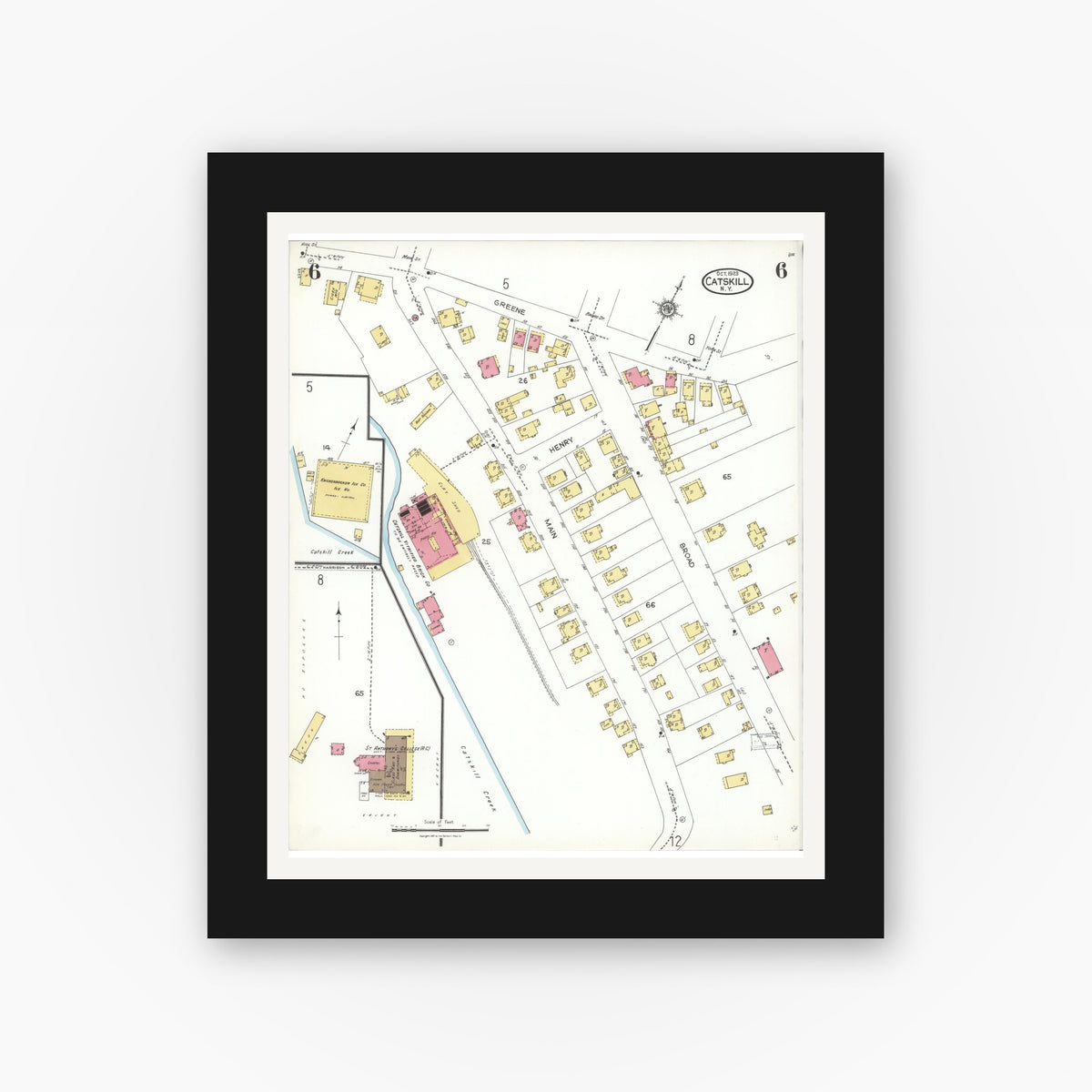 Old map wall art mockup — black gallery frame with white mat — Sanborn Fire Insurance Map from Catskill, Greene County, New York (1923), Sheet #0006