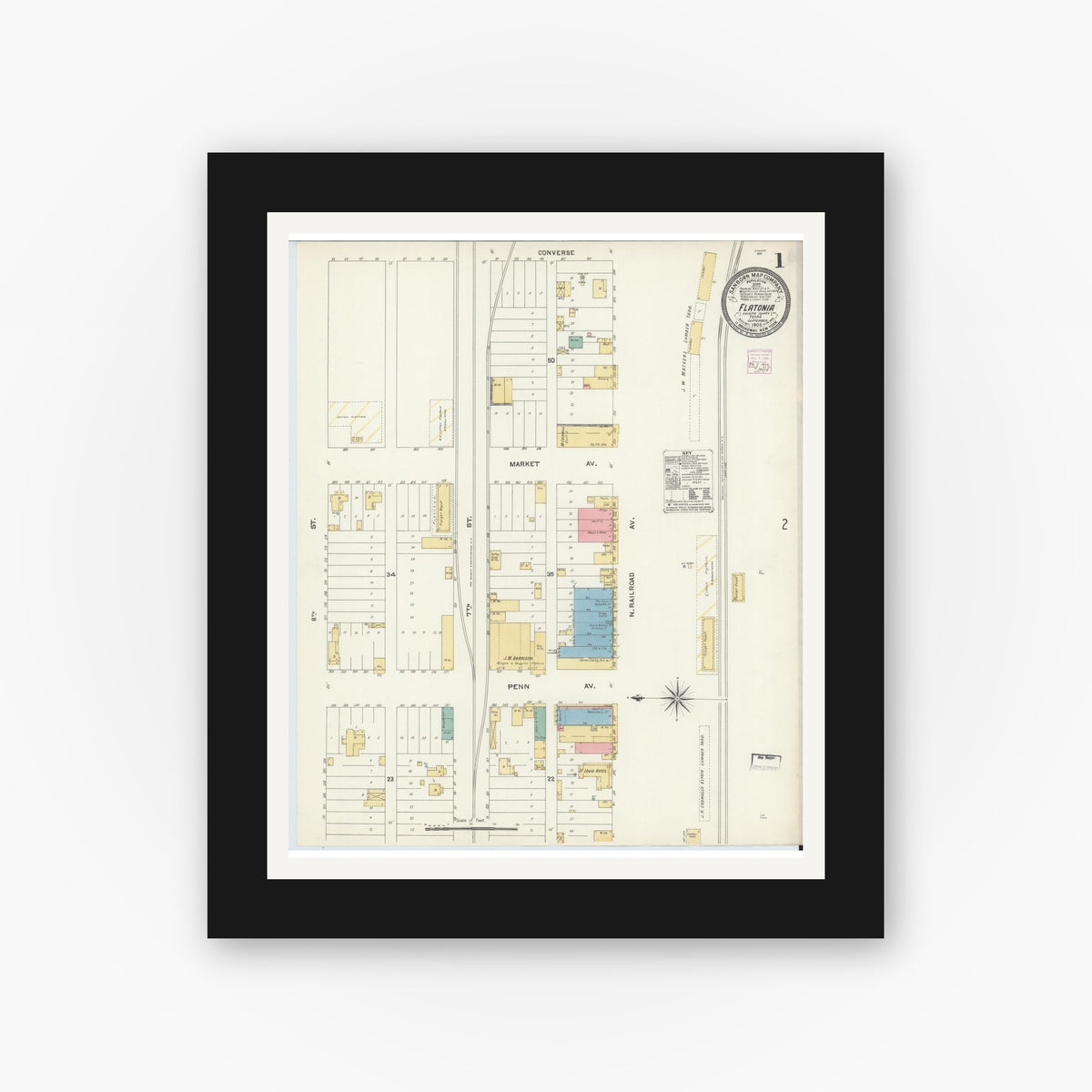 Old map wall art mockup — black gallery frame with white mat — Sanborn Fire Insurance Map from Flatonia, Fayette County, Texas (1906) - Complete Map Set