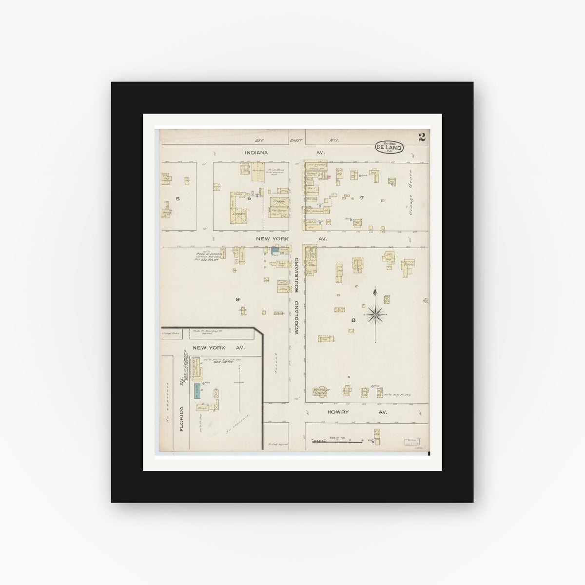 Old map wall art mockup — black gallery frame with white mat — Sanborn Fire Insurance Map from De Land, Volusia County, Florida (1885), Sheet #0002
