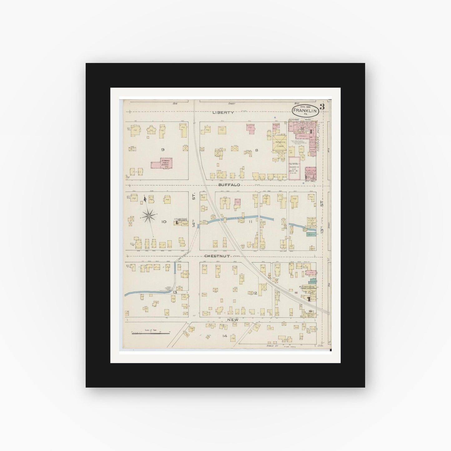 Old map wall art mockup — black gallery frame with white mat — Sanborn Fire Insurance Map from Franklin, Venango County, Pennsylvania (1888), Sheet #0003