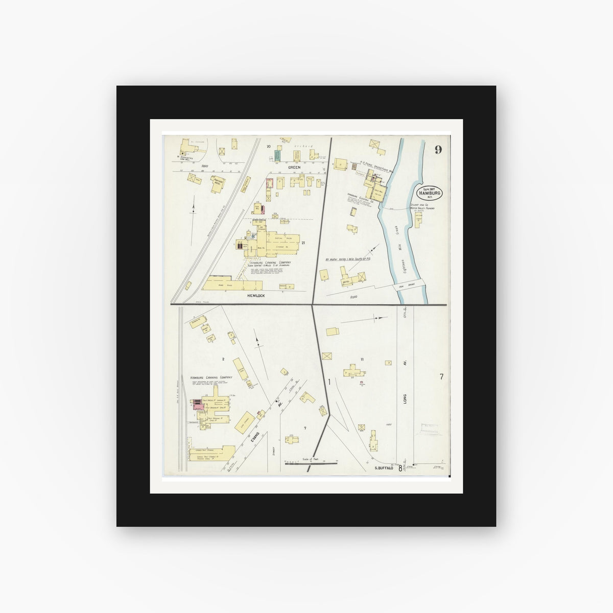 Old map wall art mockup — black gallery frame with white mat — Sanborn Fire Insurance Map from Hamburg, Erie County, New York (1907), Sheet #0009