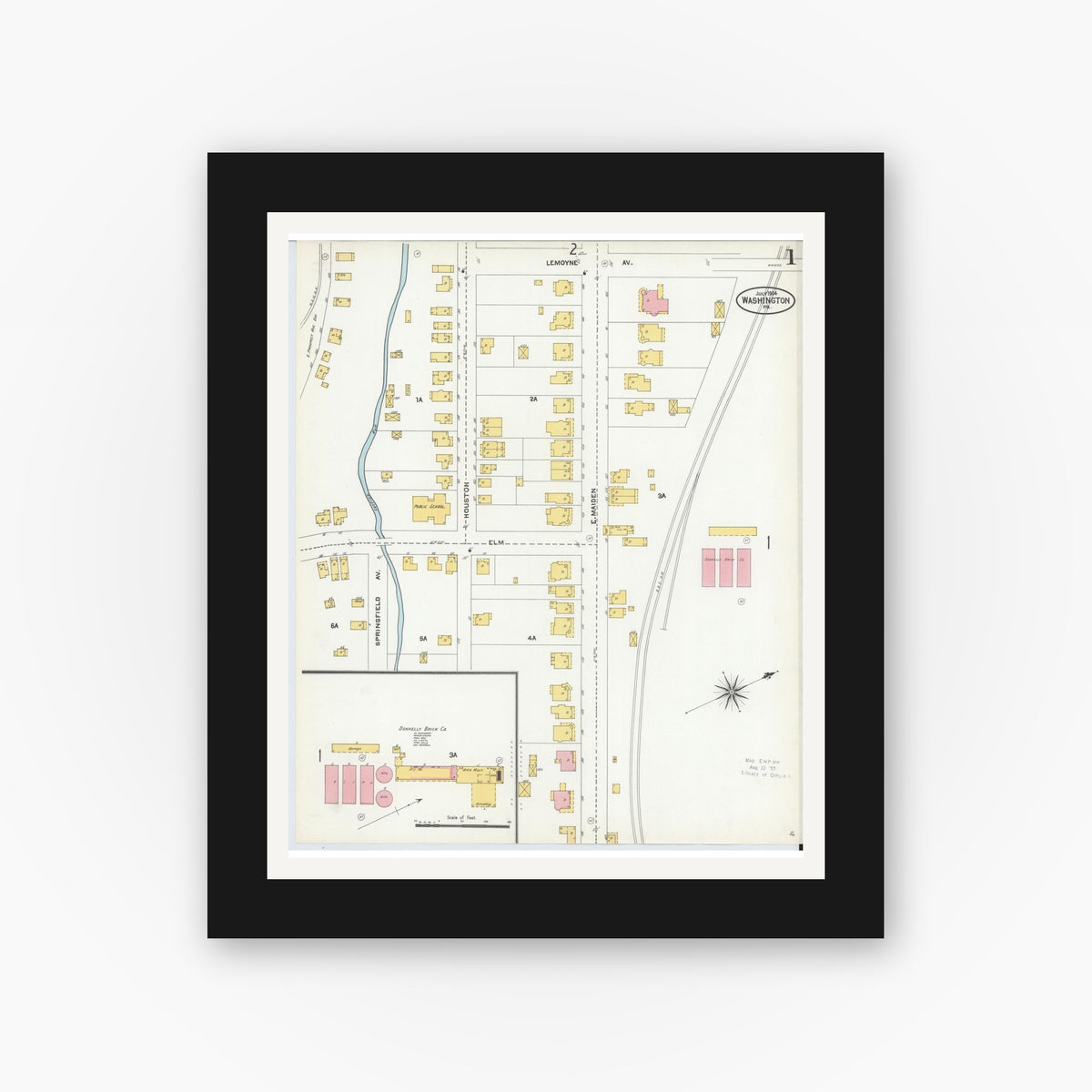 Old map wall art mockup — black gallery frame with white mat — Sanborn Fire Insurance Map from Washington, Washington County, Pennsylvania (1904) - Complete Map Set