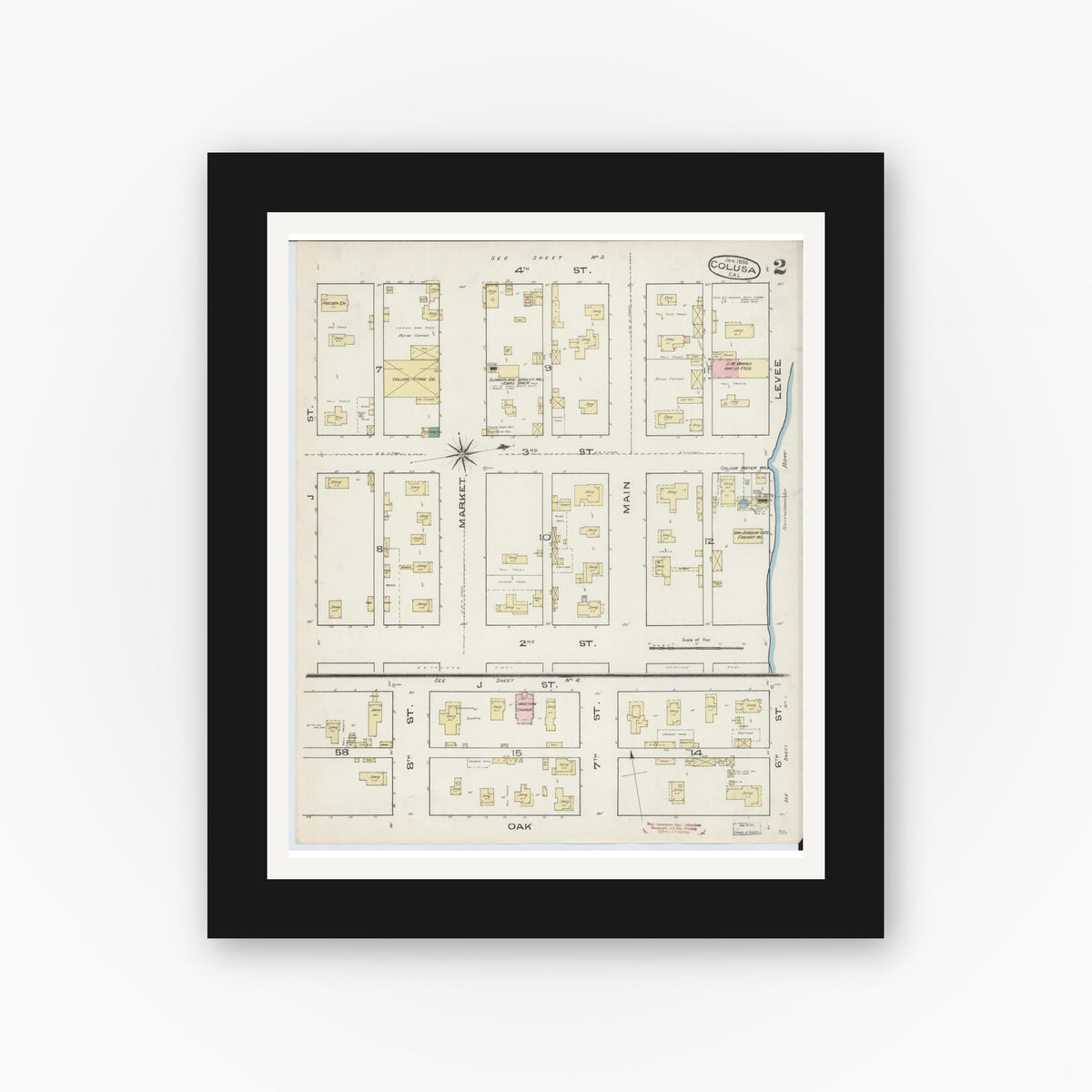 Old map wall art mockup — black gallery frame with white mat — Sanborn Fire Insurance Map from Colusa, Colusa County, California (1886), Sheet #0002