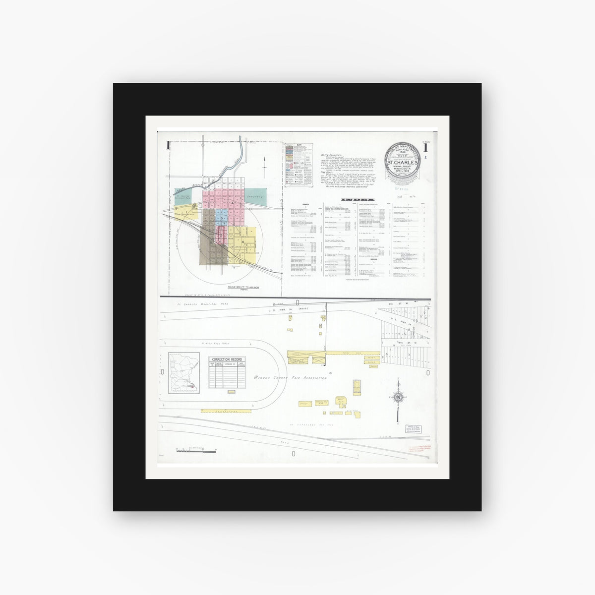Old map wall art mockup — black gallery frame with white mat — Sanborn Fire Insurance Map from Saint Charles, Winona County, Minnesota (1949), Sheet #0001