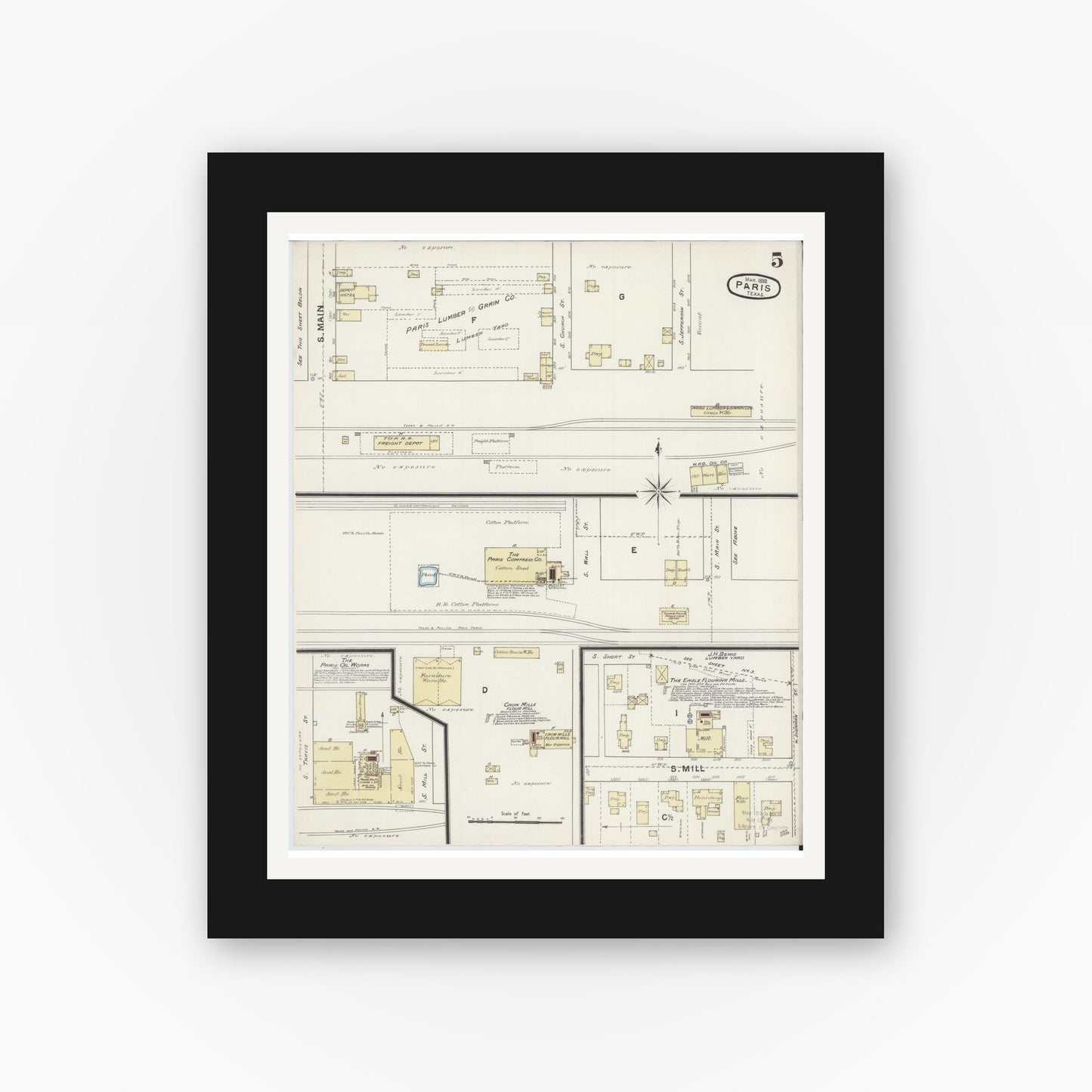 Old map wall art mockup — black gallery frame with white mat — Sanborn Fire Insurance Map from Paris, Lamar County, Texas (1888), Sheet #0005