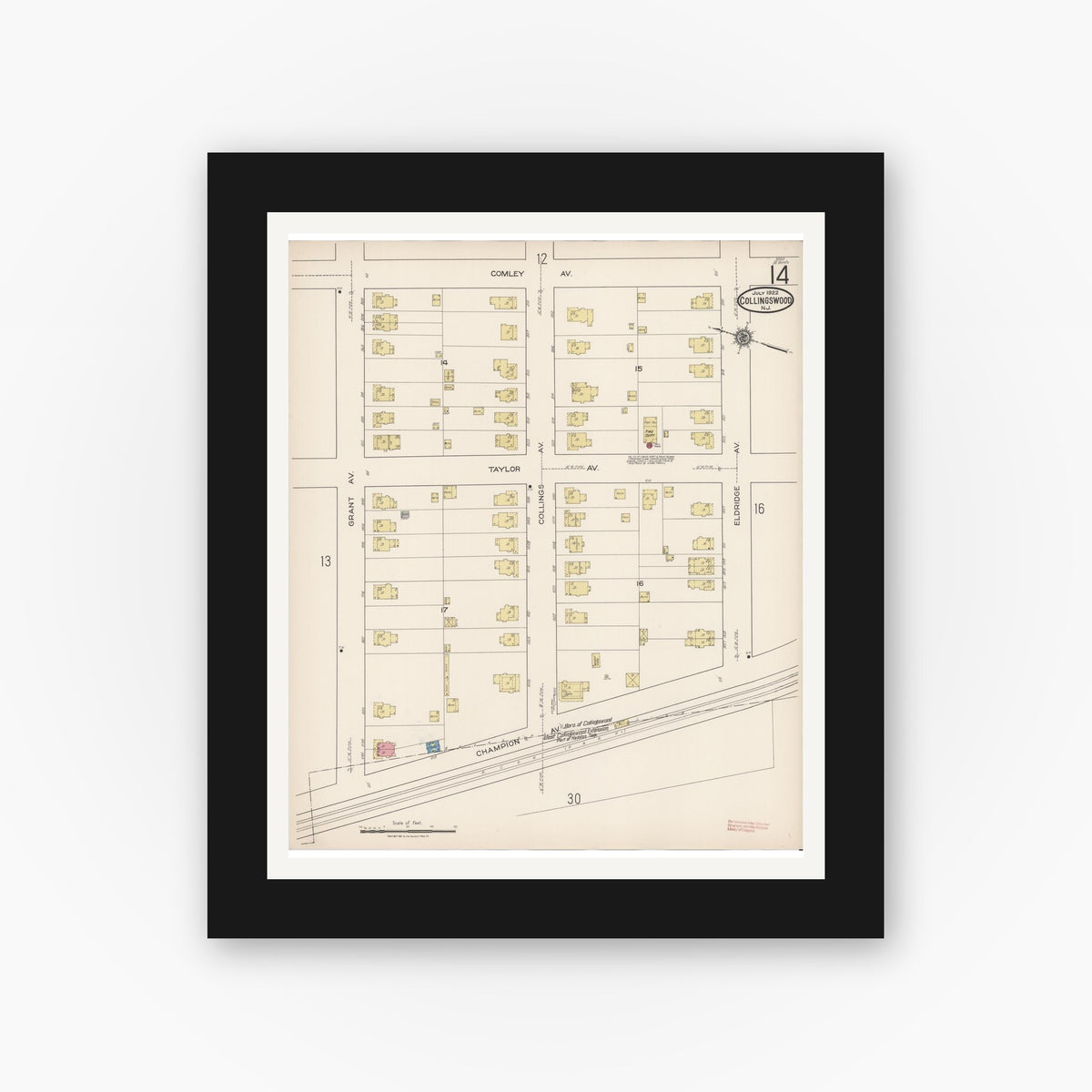 Old map wall art mockup — black gallery frame with white mat — Sanborn Fire Insurance Map from Collingswood, Camden County, New Jersey (1922), Sheet #0014
