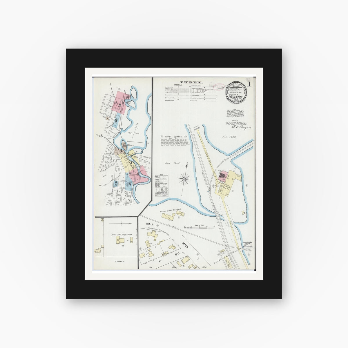 Old map wall art mockup — black gallery frame with white mat — Sanborn Fire Insurance Map from Necedah, Juneau County, Wisconsin (1891), Sheet #0001