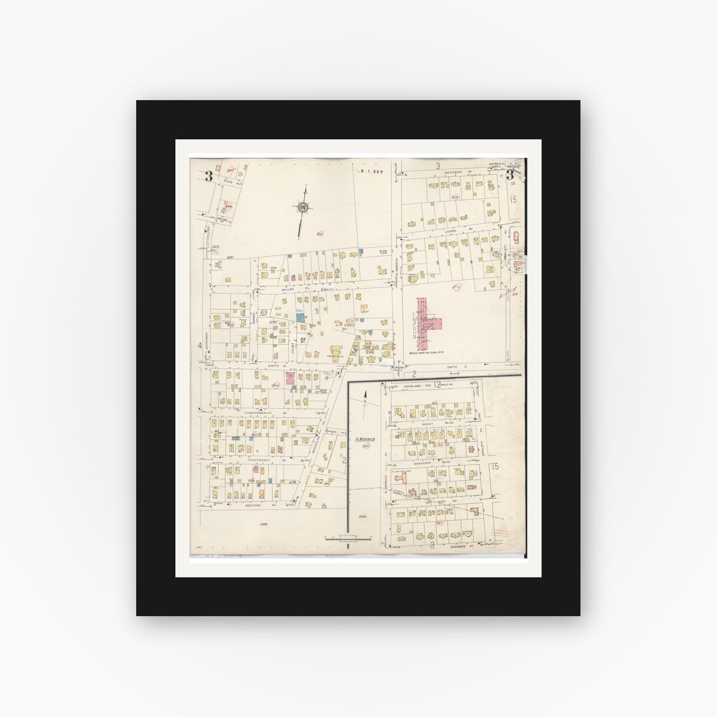 Old map wall art mockup — black gallery frame with white mat — Sanborn Fire Insurance Map from Merrick, Nassau County, New York (1947), Sheet #0003