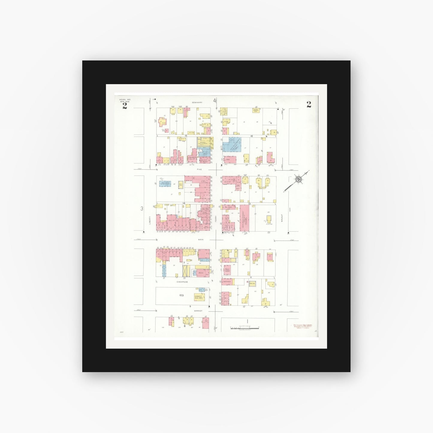 Old map wall art mockup — black gallery frame with white mat — Sanborn Fire Insurance Map from Vevay, Switzerland County, Indiana (1938), Sheet #0002