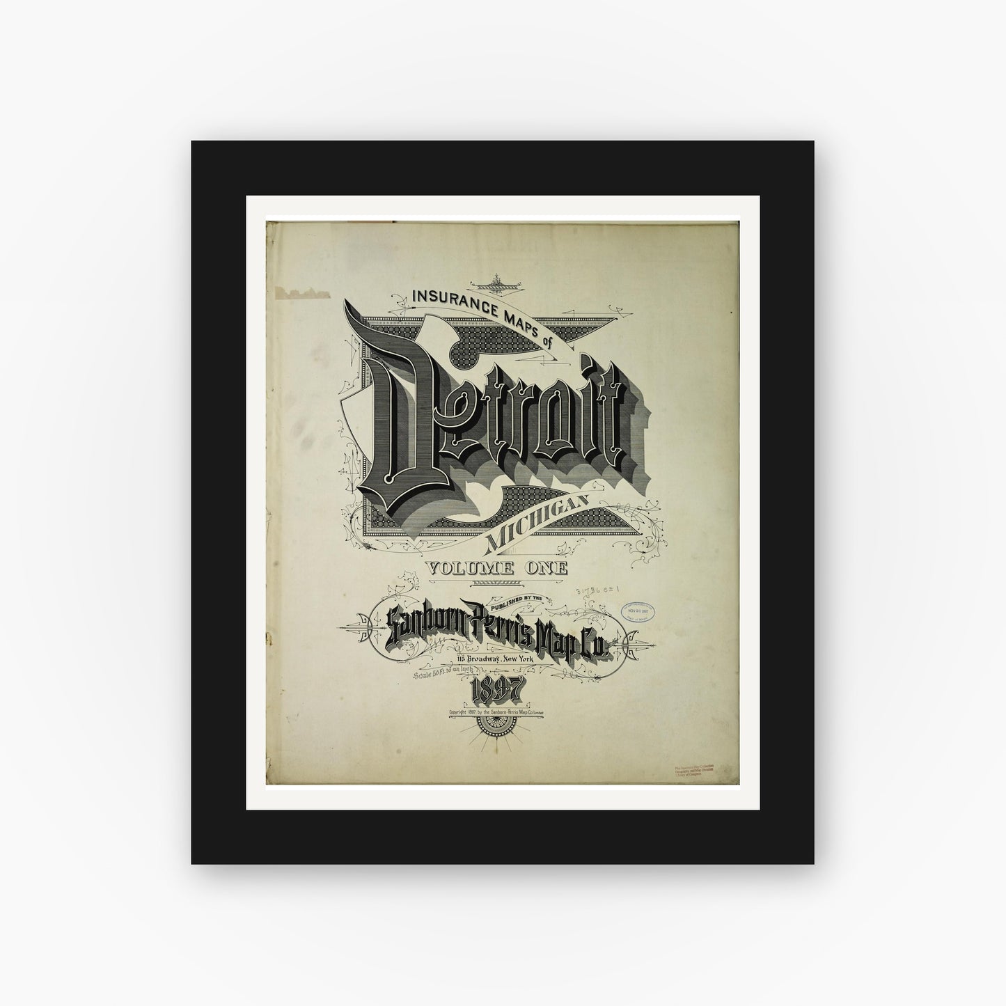 Old map wall art mockup — black gallery frame with white mat — Sanborn Fire Insurance Map from Detroit, Wayne County, Michigan (1897), Sheet #0001