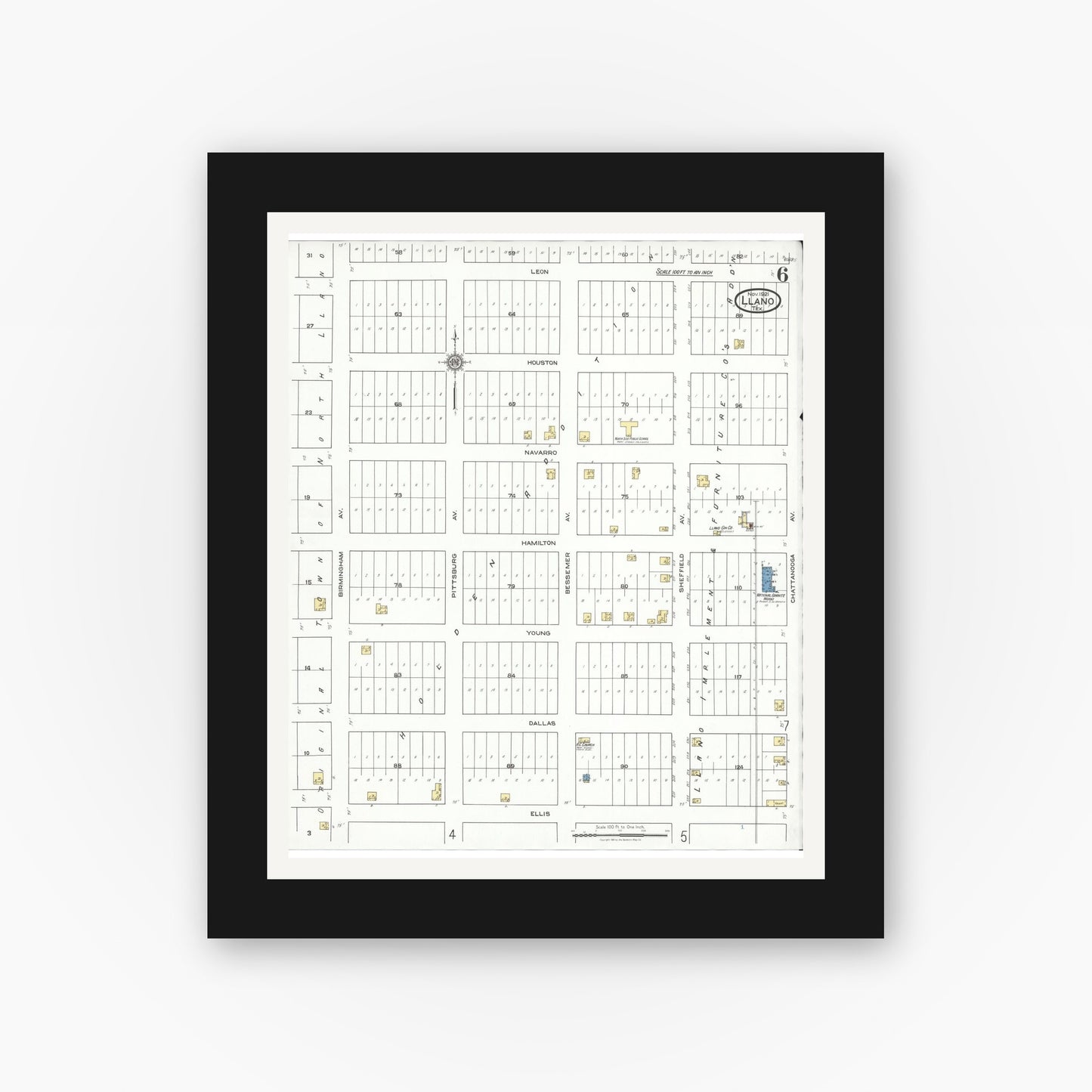 Old map wall art mockup — black gallery frame with white mat — Sanborn Fire Insurance Map from Llano, Llano County, Texas (1921), Sheet #0006