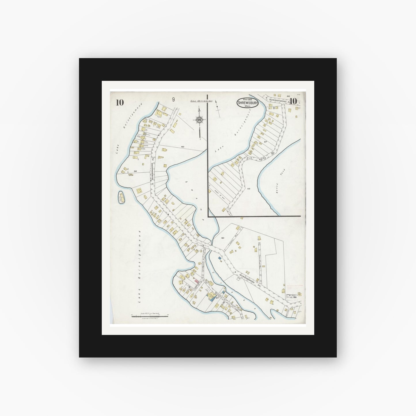 Old map wall art mockup — black gallery frame with white mat — Sanborn Fire Insurance Map from Shrewsbury, Worcester County, Massachusetts (1925), Sheet #0010