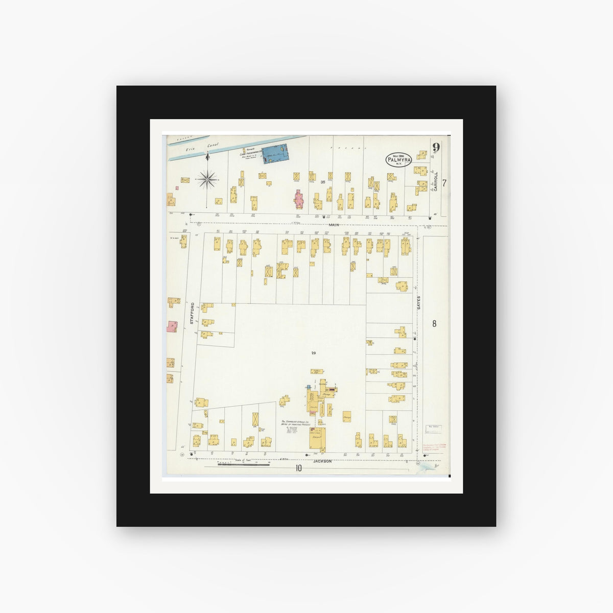 Old map wall art mockup — black gallery frame with white mat — Sanborn Fire Insurance Map from Palmyra, Wayne County, New York (1906), Sheet #0009