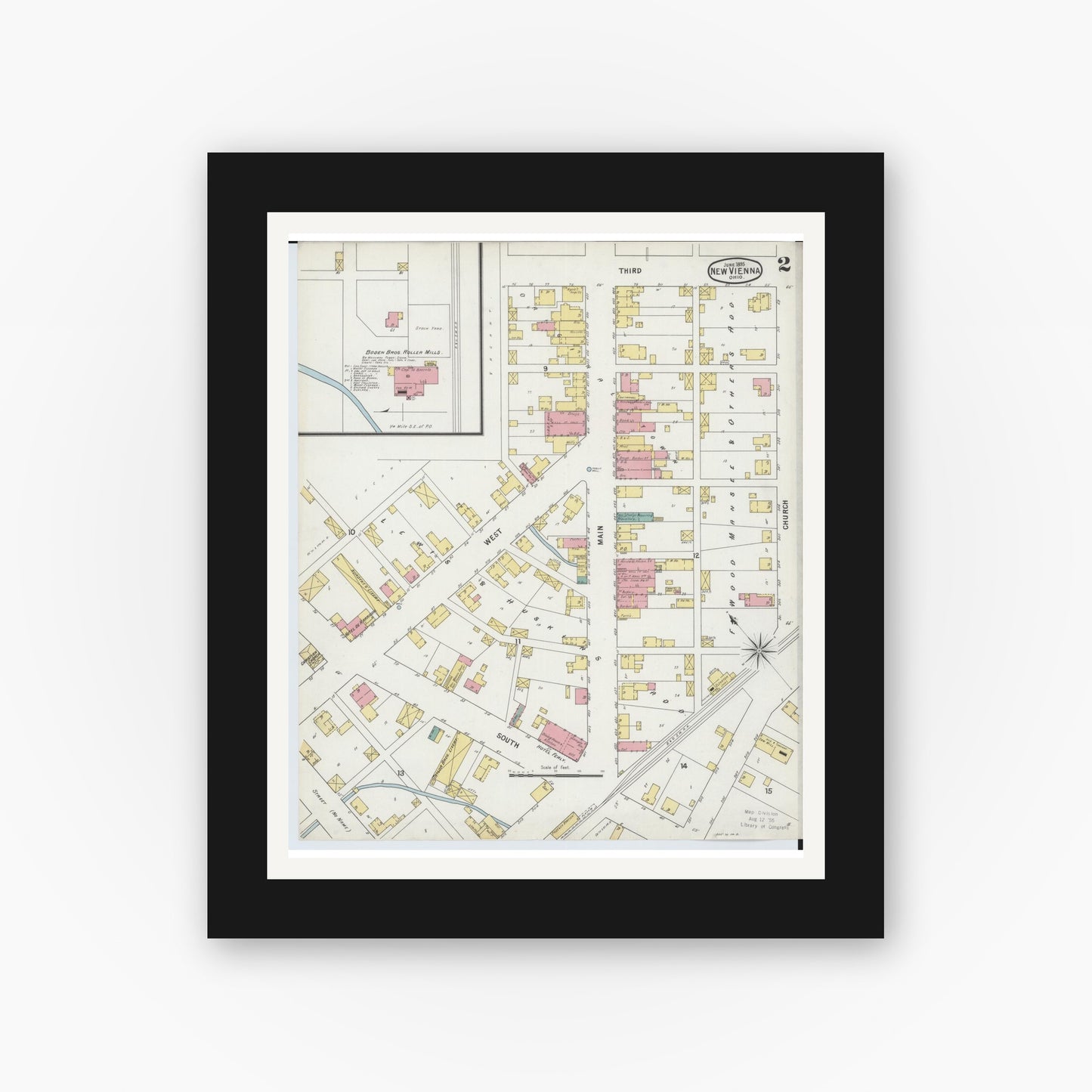 Old map wall art mockup — black gallery frame with white mat — Sanborn Fire Insurance Map from New Vienna, Clinton County, Ohio (1895), Sheet #0002