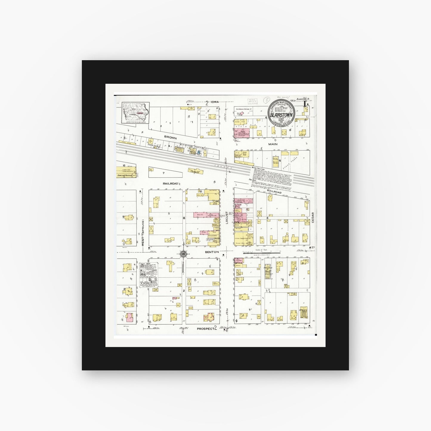 Old map wall art mockup β black gallery frame with white mat β Sanborn Fire Insurance Map from Blairstown, Benton County, Iowa (1921), Sheet #0001