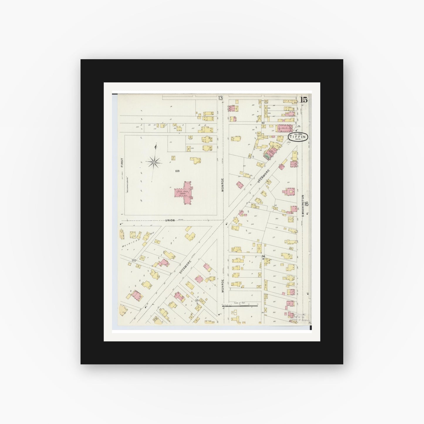 Old map wall art mockup — black gallery frame with white mat — Sanborn Fire Insurance Map from Tiffin, Seneca County, Ohio (1896), Sheet #0015