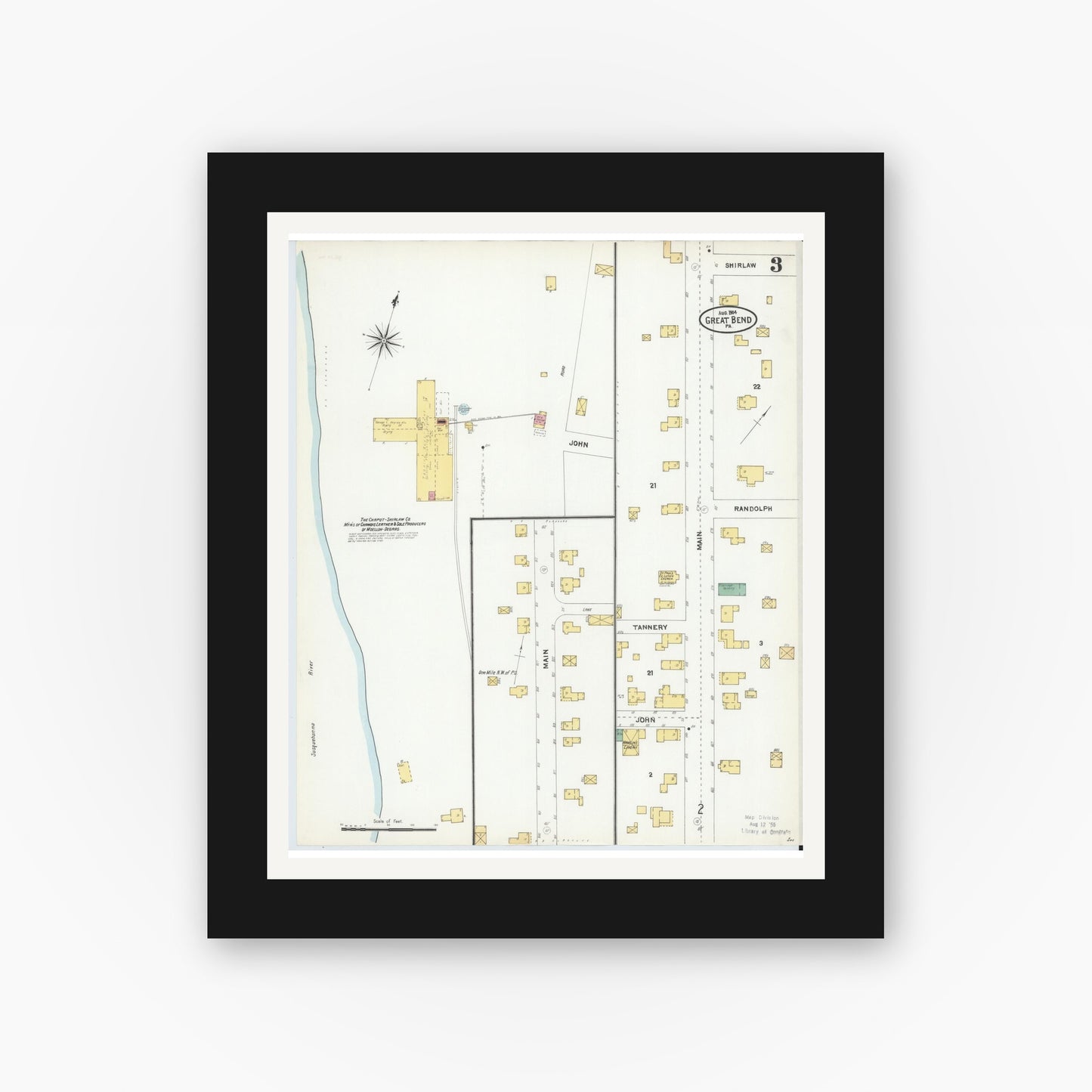 Old map wall art mockup — black gallery frame with white mat — Sanborn Fire Insurance Map from Great Bend, Susquehanna County, Pennsylvania (1904), Sheet #0003