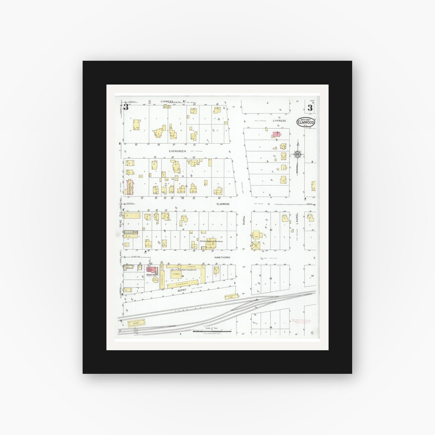 Old map wall art mockup — black gallery frame with white mat — Sanborn Fire Insurance Map from Elmwood, Peoria County, Illinois (1927), Sheet #0003